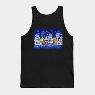 Christmas picture - winter landscape with golden houses and silver fir-trees on blue background Tank Top